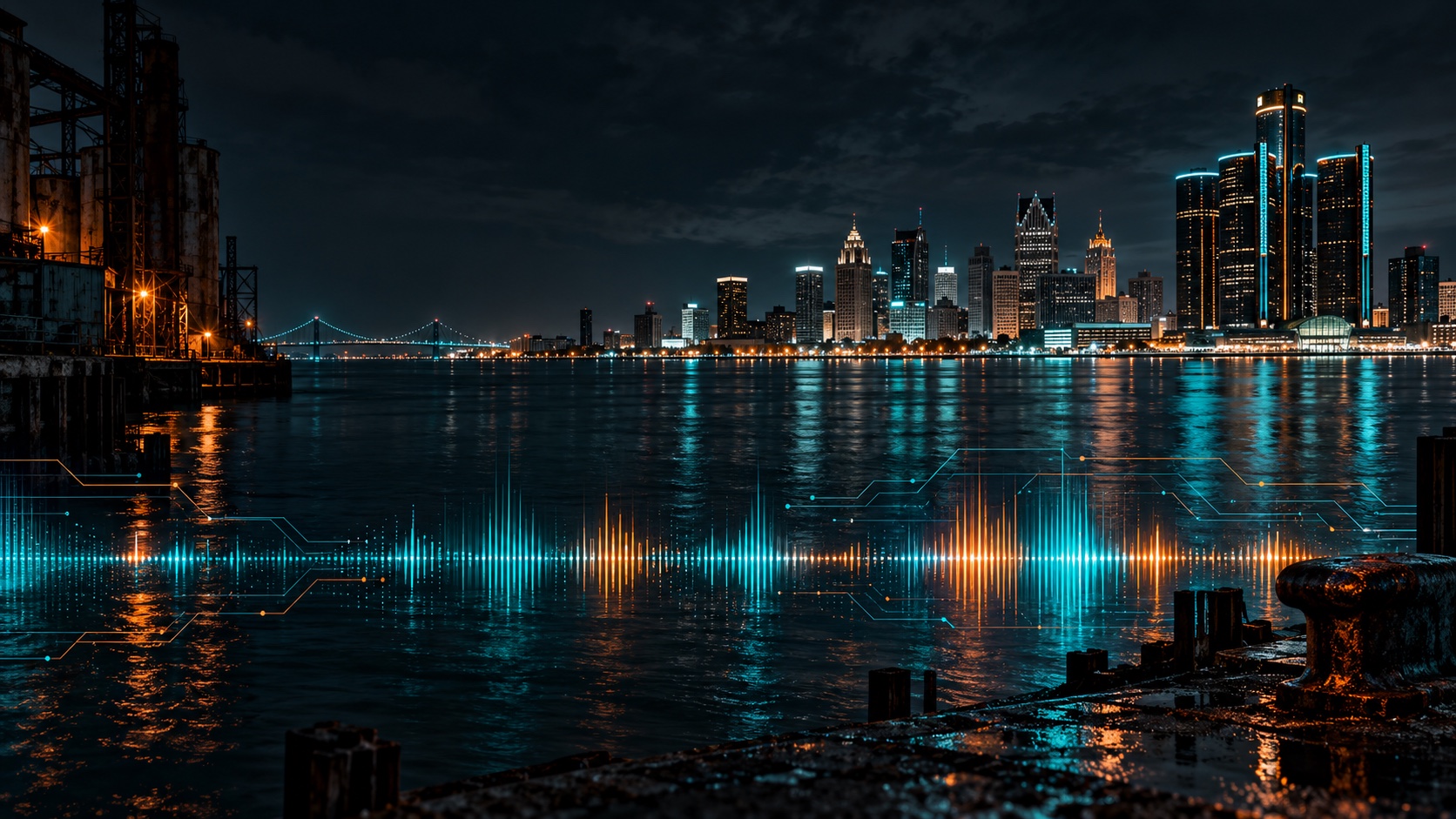 Detroit skyline at night with a teal and orange audio waveform